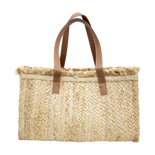 LVD Womens Jute Woven Rope Cabana Handbag W/ Brown Straps 40x12x18cm