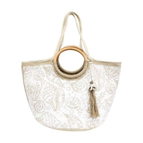 LVD Womens Beige/White Jute Woven Coastal Handbag 50x30x30cm