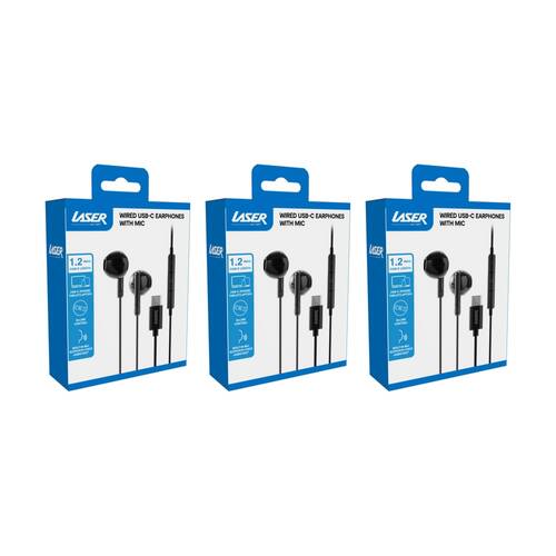 3PK Laser USB-C In-Ear Earphones High Quality Sound W/ Microphone & Controls Blk
