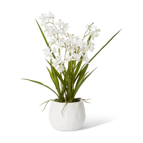 E Style Cymbidium Mini White Orchid Artificial Plant White Vase 28x20x58cm