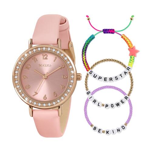 Tikkers 4pc Polyurethane PU Strap Kids Watch With Bracelets Set Pink Stone