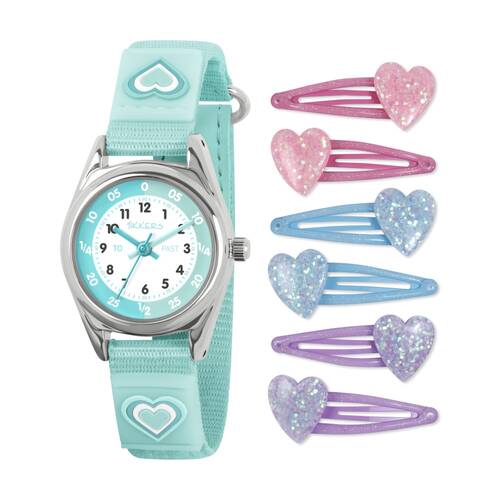 Tikkers 7pc Heart Hook And Loop Fastener Dial Watch And Hair Clips Set Green