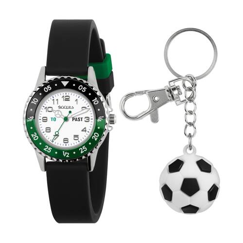 Tikkers Silicone Strap Dial Time Teacher Kids Watch W/ Keyring Black/Green
