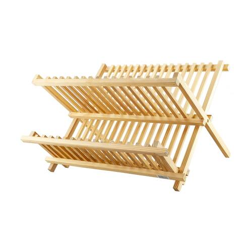 G&S Wooden Dish Rack Natural Bamboo Kitchen Drying Organiser Set 42cm