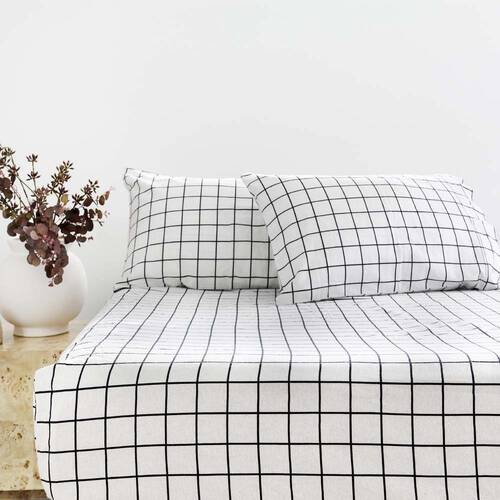 Bambury Grid Black Flannelette Fitted Sheet Set 100 Percent Cotton