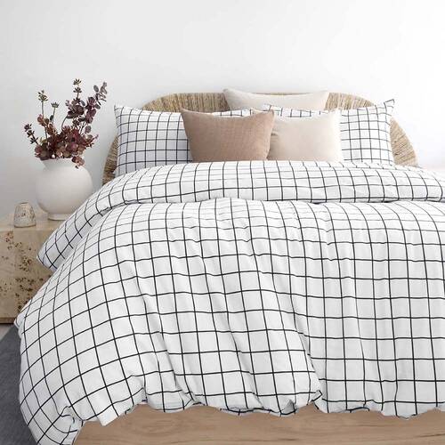 3pc Bambury Grid Black Flannelette Quilt Cover Set Cotton Bedding