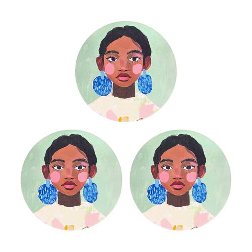 3PK Splosh Billie Girl Ceramic Coaster Cork Backing Green Blue Pink 11cm