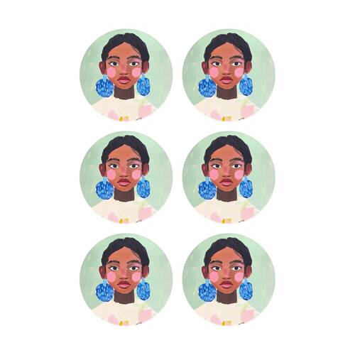 6PK Splosh Billie Girl Ceramic Coaster Cork Backing Green Blue Pink 11cm