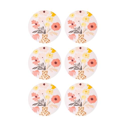 6PK Splosh Billie White Vase Ceramic Coaster Cork Back Pink Yellow 11x11cm