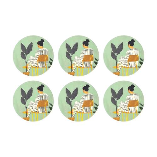 6PK Splosh Billie Chair Ceramic Coaster Cork Back Embossed Green 11x11cm