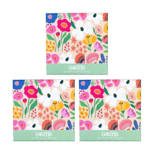 3x 4pc Splosh Billie Coasters Set Multi Cork Back Waterproof 10x10cm