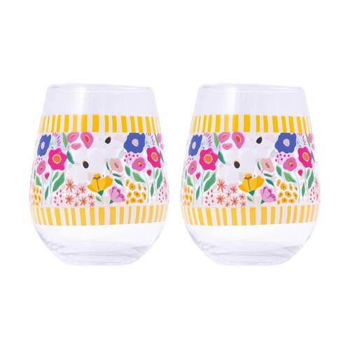 2PK Splosh Billie Stripe Stemless Wine Glass Printed Decal Yellow 530ml