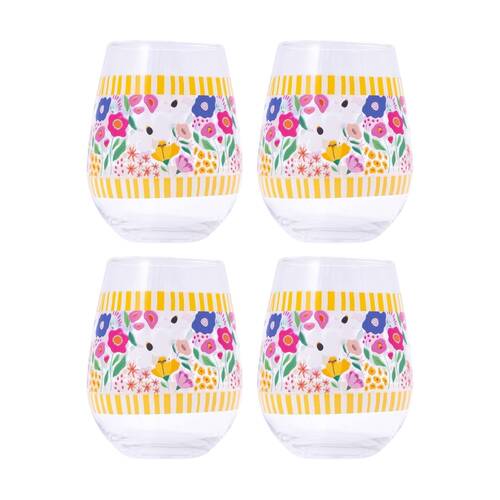 4PK Splosh Billie Stripe Stemless Wine Glass Printed Decal Yellow 530ml