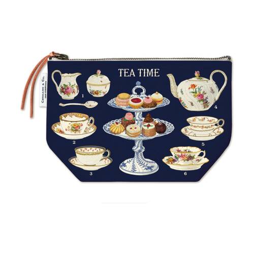 Cavallini Tea Time Zipper Pouch Bag Cotton Vintage Cake Artwork