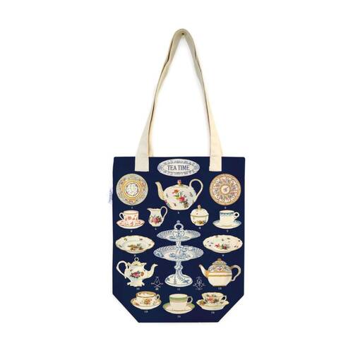 Cavallini Tote Bag Tea Time Vintage Cotton Flat-Bottom Design Accessory