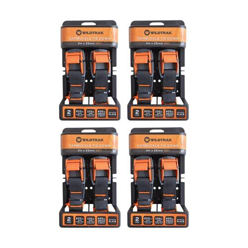 4x 2pc Wildtrak Cambuckle Tie Down Straps Heavy Duty With Protective Plate 3m