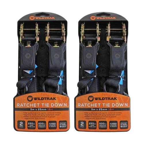 2PK 2pk Wildtrak Ratchet Tie Down Straps Heavy Duty Steel Body 5m x 25mm