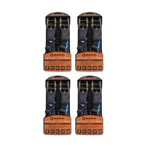 4PK 2pk Wildtrak Ratchet Tie Down Straps Heavy Duty Steel Body 5m x 25mm