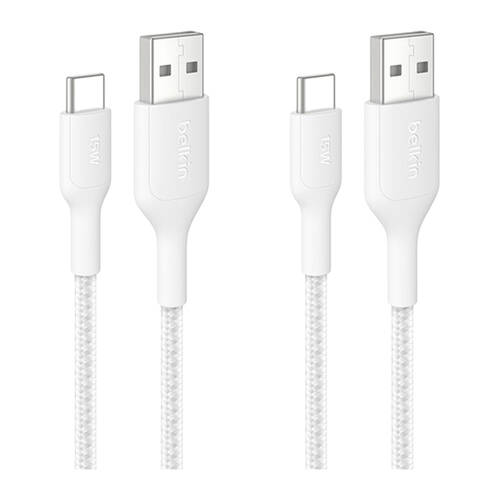 2PK Belkin BoostCharge Pro Braided USB-A to USB-C Charging Cable 2m White