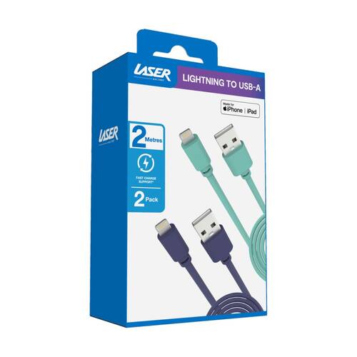 2pc Laser USB-A MFi Certified Apple Lightning Charging Cable Set 2m Green/Blue
