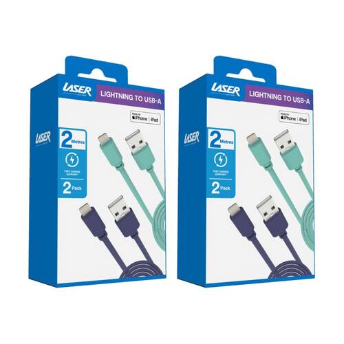 2x 2pc Laser USB-A To MFi Certified Apple Lightning Cable Set 2m Green/Blue