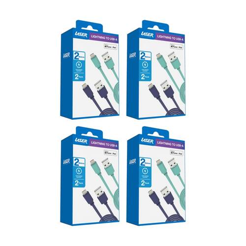 4x 2pc Laser USB-A To MFi Certified Apple Lightning Cable Set 2m Green/Blue