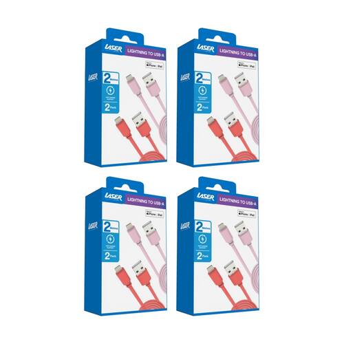 4x 2pc Laser USB-A To MFi Certified Apple Lightning Cable Set 2m Red/Pink