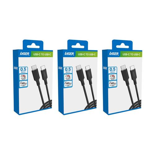 3PK Laser 60W USB-C to Fast Charging Compatible Cable 0.5m Black