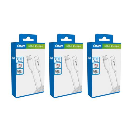 3PK Laser 60W USB-C to Fast Charging Compatible Cable 0.5m White