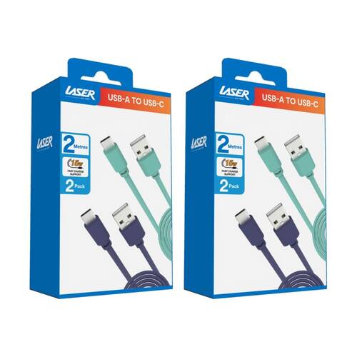 2x 2pc Laser USB-C to USB-A Fast Charging Cables Set 2m Blue/Green