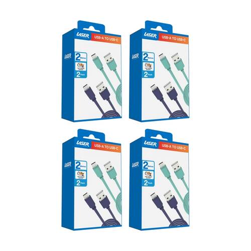 4x 2pc Laser USB-C to USB-A Fast Charging Cables Set 2m Blue/Green