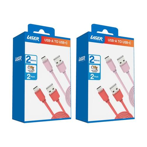 2x 2pc Laser USB-C to USB-A Fast Charging Cables Set 2m Pink/Red