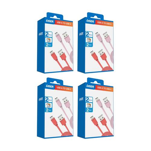 4x 2pc Laser USB-C to USB-A Fast Charging Cables Set 2m Pink/Red