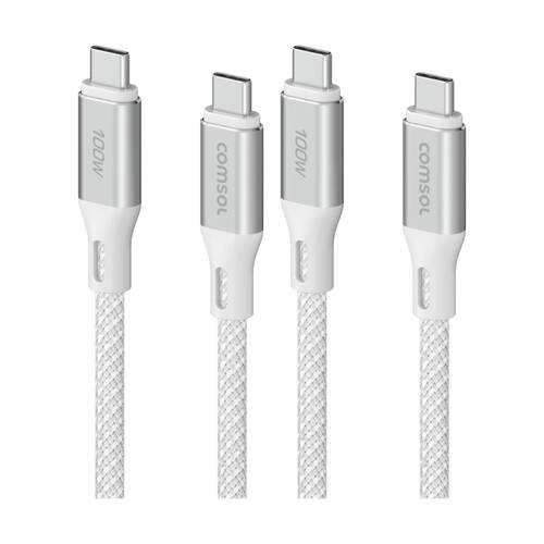 2PK Comsol USB-C To USB C Fast Charging 100W Data Transfer Cable White 3m