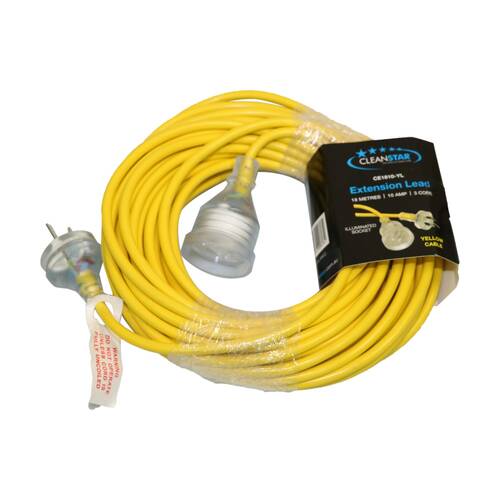 Cleanstar 18m Extention Lead 10 Amp Plug With Yellow Illuminated Socket