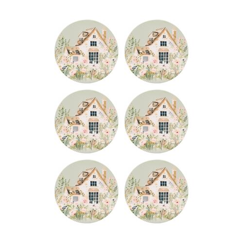6PK Cottage Grove Cottage-Ceramic Coaster Embossed Cork Back Green 11cm