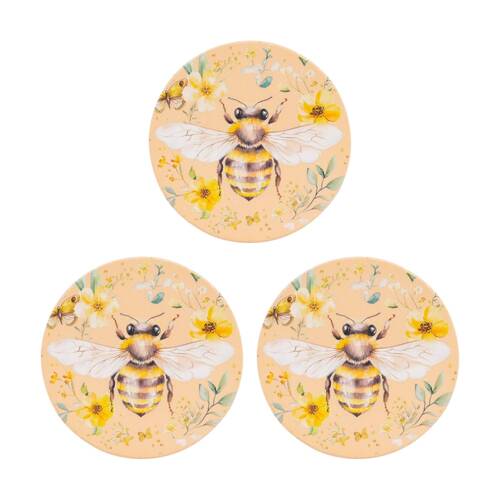 3PK Cottage Grove Bee Ceramic Coaster Embossed Design Cork Yellow 11cm