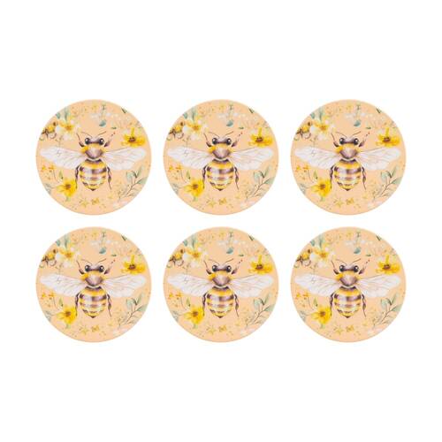 6PK Cottage Grove Bee Ceramic Coaster Embossed Design Cork Yellow 11cm