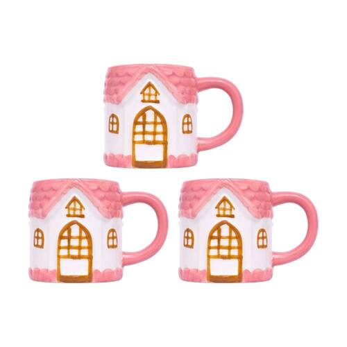 3PK Cottage Grove House Mug Hand Painted Ceramic Novelty Pink 380ml