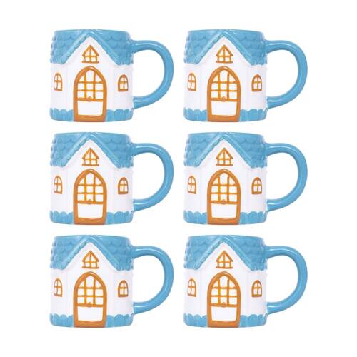 6PK Cottage Grove House Mug Hand Painted Ceramic Novelty Blue 380ml