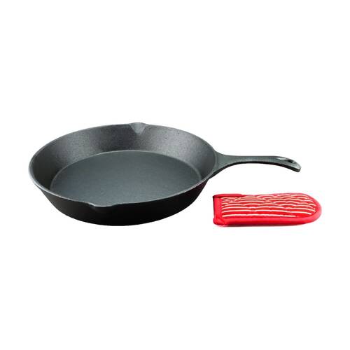 2pc G&S Cast Iron Pre-Seasoned Frypan With Mitt Durable Cookware Set 30.5cm