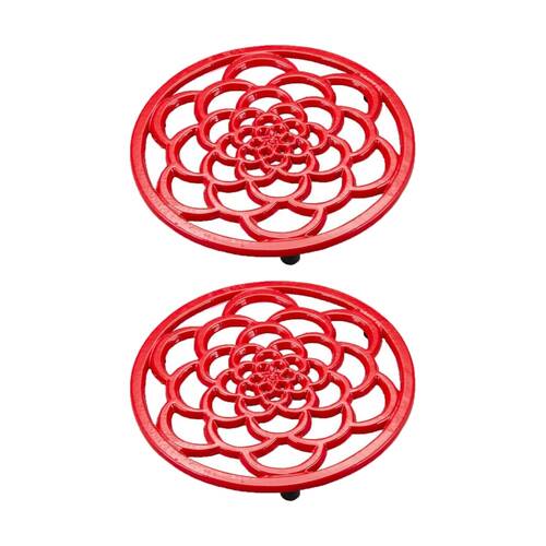 2PK G&S Cast Iron Enamelled Round Trivet Durable Heat Protector Red 18cm