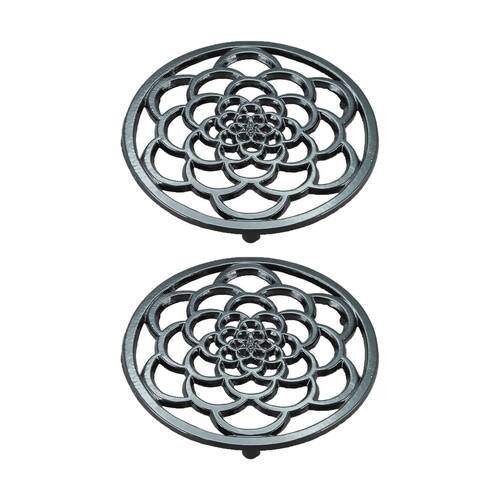 2PK G&S Cast Iron Enamelled Round Trivet Durable Heat Protector Black 18cm
