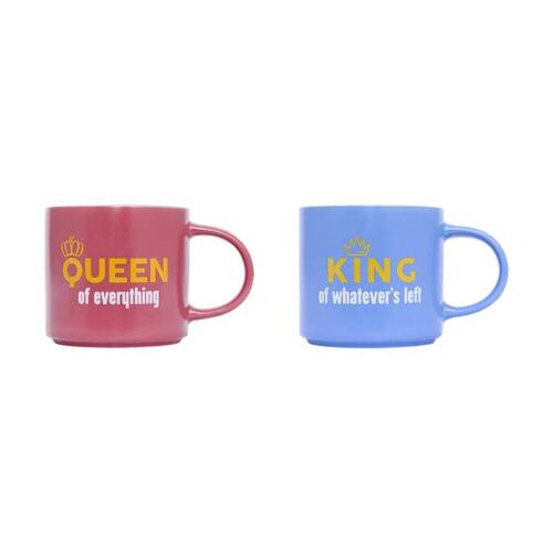 2pc Cheeky Mugs King & Queen Ceramic Mug Set Pink Blue Yellow 390ml