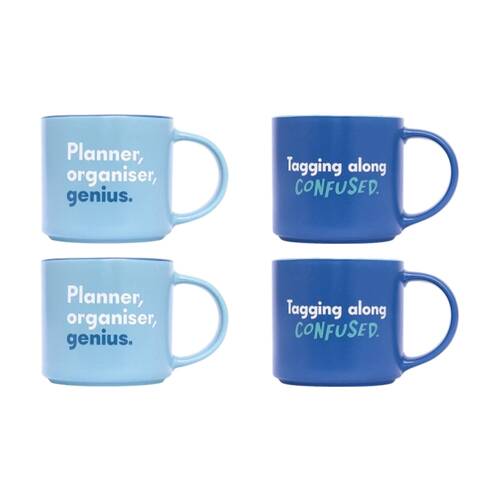 2x 2pc Cheeky Mugs Confused Planner Ceramic Mug Set Teal Blue 390ml