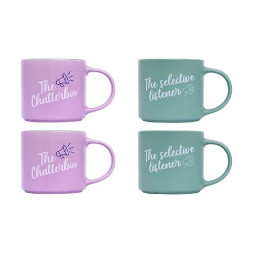 2x 2pc Cheeky Mugs Chatterbox Ceramic Mug Set Purple Blue 390ml