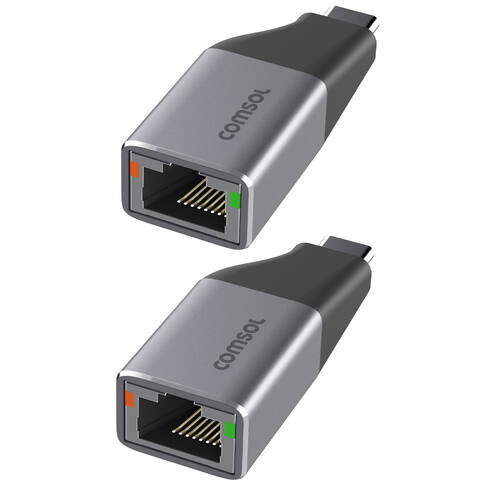 2PK Comsol USB-C to Gigabit Ethernet Monitor Computer Mini Adaptor Silver