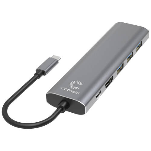 Comsol USB-C to 4K HDMI Monitor 7 Port Computer Dock W/ Ethernet Grey