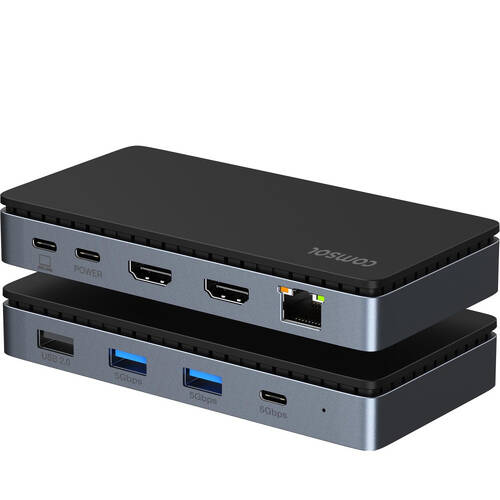 Comsol USB-C to Dual 4K HDMI Monitor Computer 9 Port Docking Station Grey