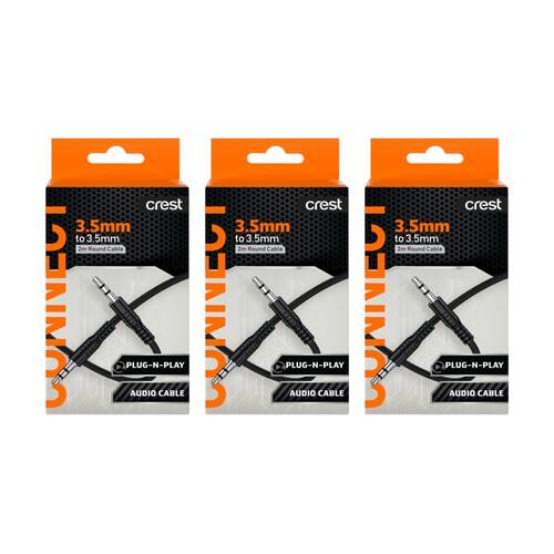 3PK Crest 3.5mm Male-To-Male Audio Cable Aux Port Compatible Flexible PU 2m